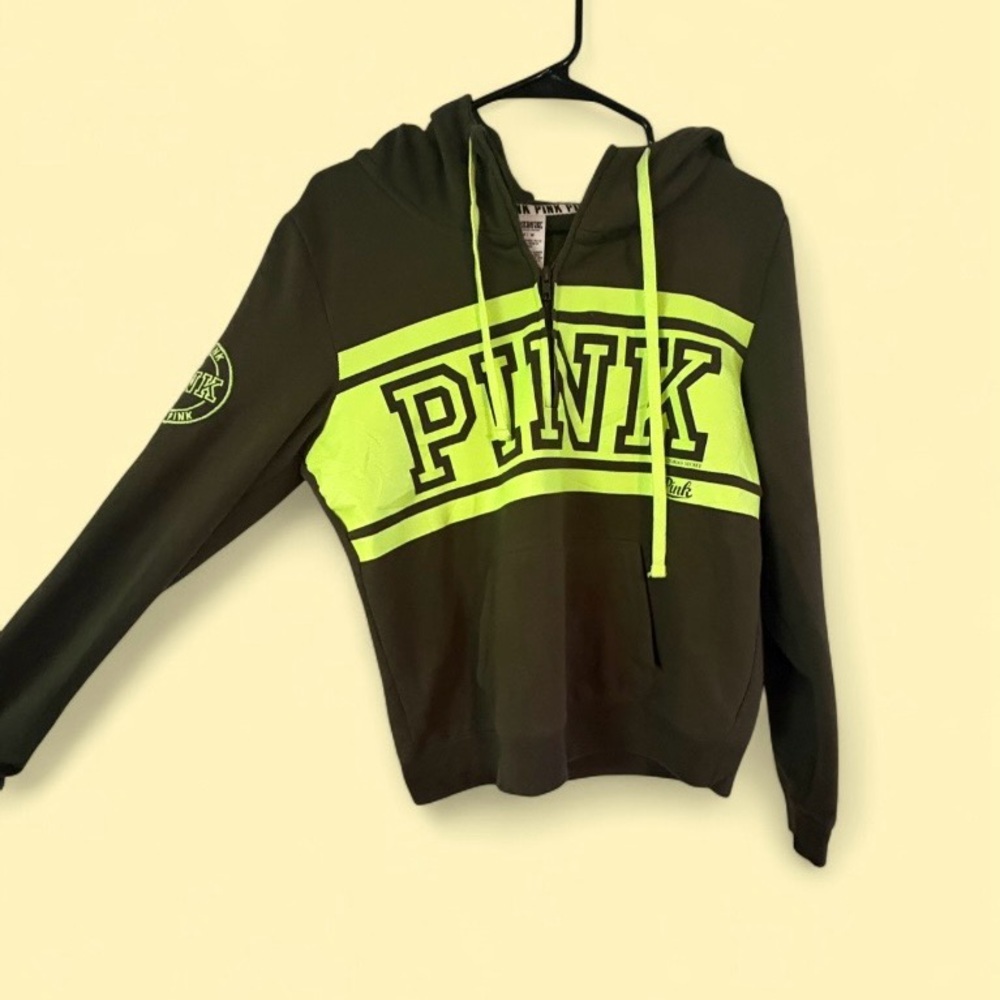 PINK Victoria’s Secret Neon Green Logo Half Zip Hoodie Size Medium - Picture 4 of 7